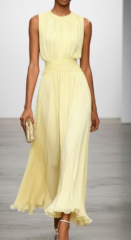 Sleeveless Solid Color Waist-Cinching Round Neck Back Zip Long Dress
