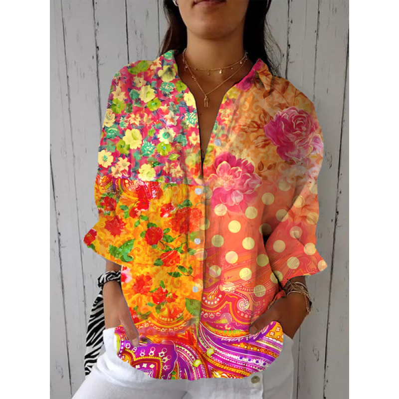 3D Floral Print Collared Long-Sleeve Women's Shirt