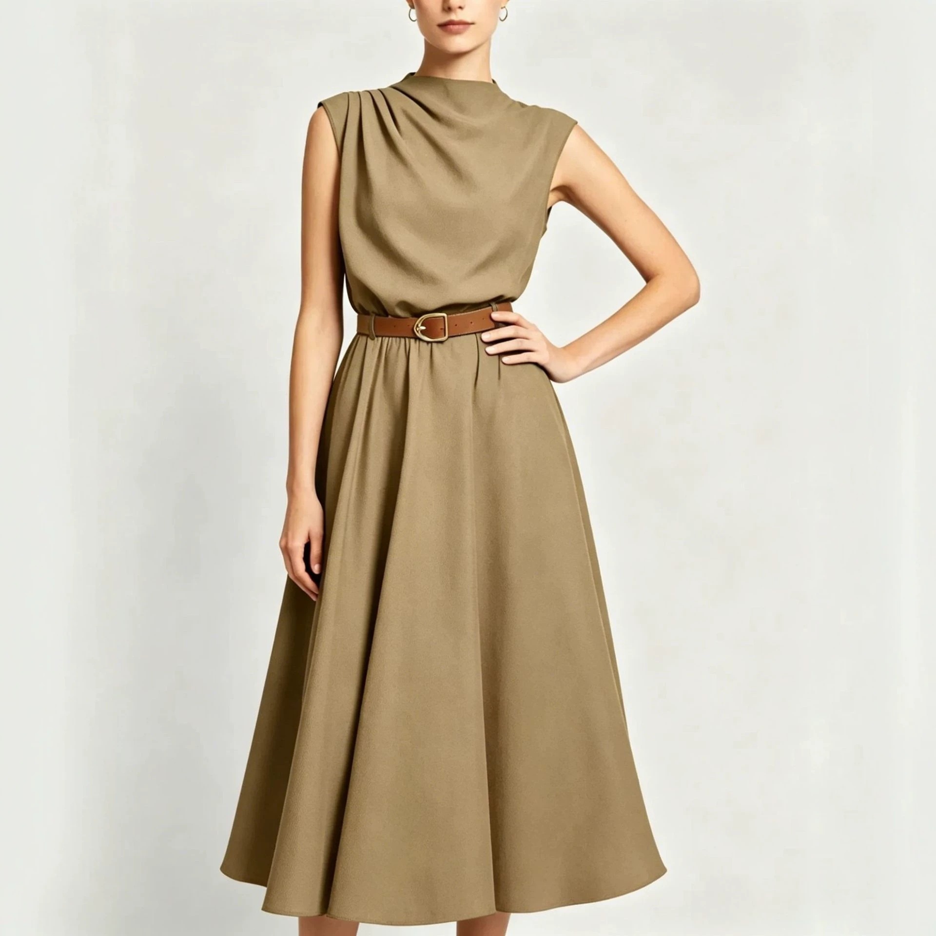 High Neck Sleeveless A-Line Midi Dress with Side Ruching and Belt