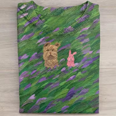 Oil Painting Grassland Animal Print Crewneck Short Sleeve Top