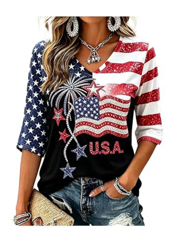 Women's American Flag Striped V-Neck Half-Sleeve T-Shirt