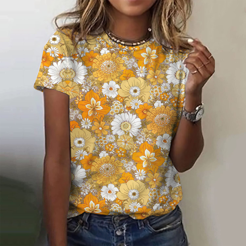 Women's 3D Floral Print Crewneck Short Sleeve T-Shirt