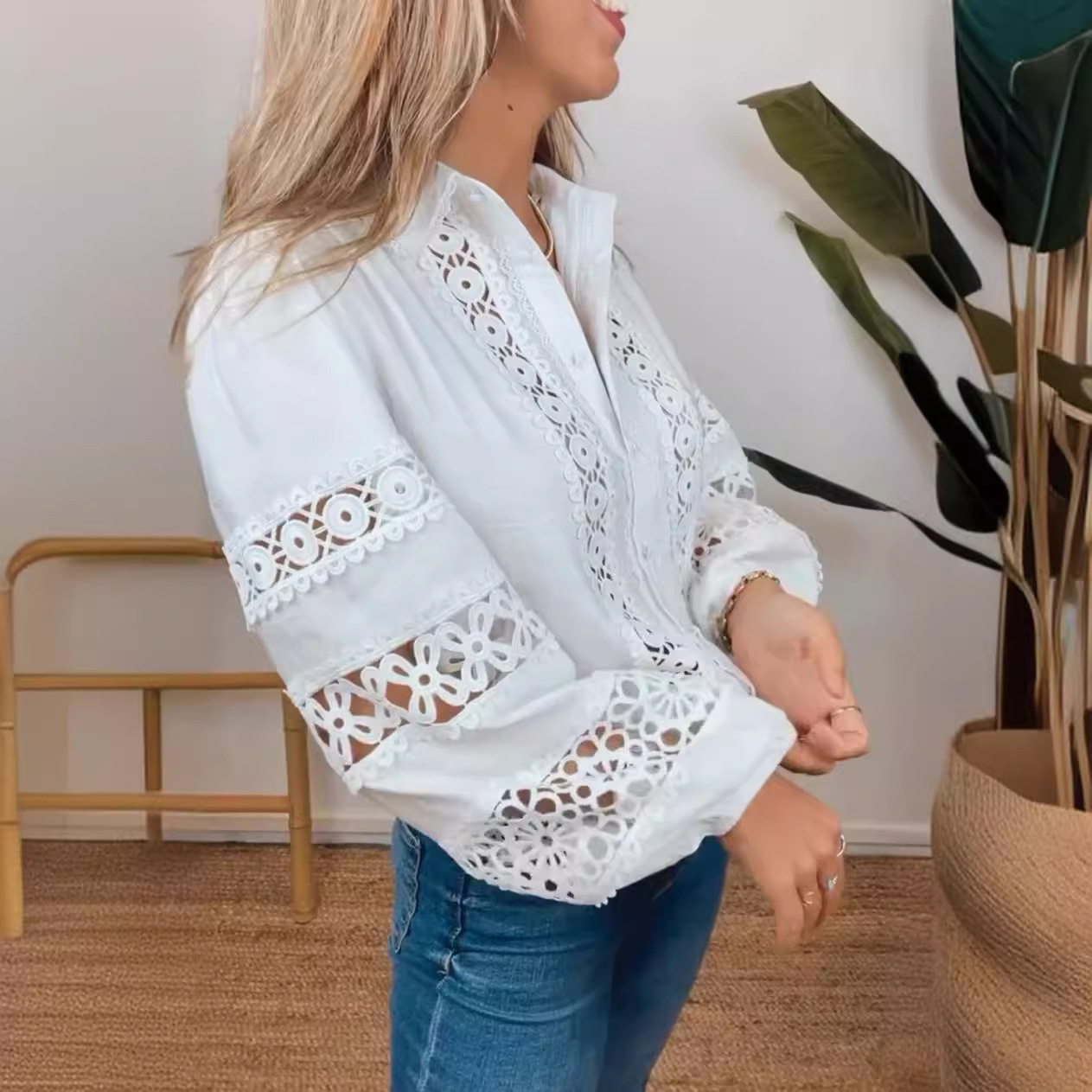 Women's Solid V-Neck Long Sleeve Cutout Blouse