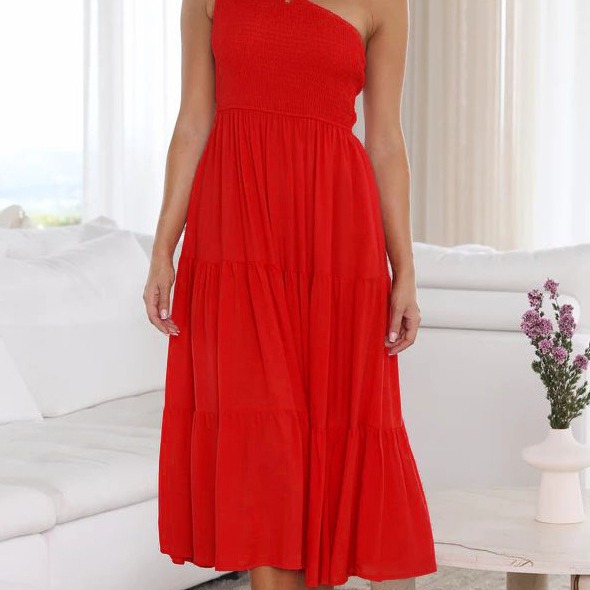 High-Waisted Sleeveless Asymmetric Neck Maxi Dress