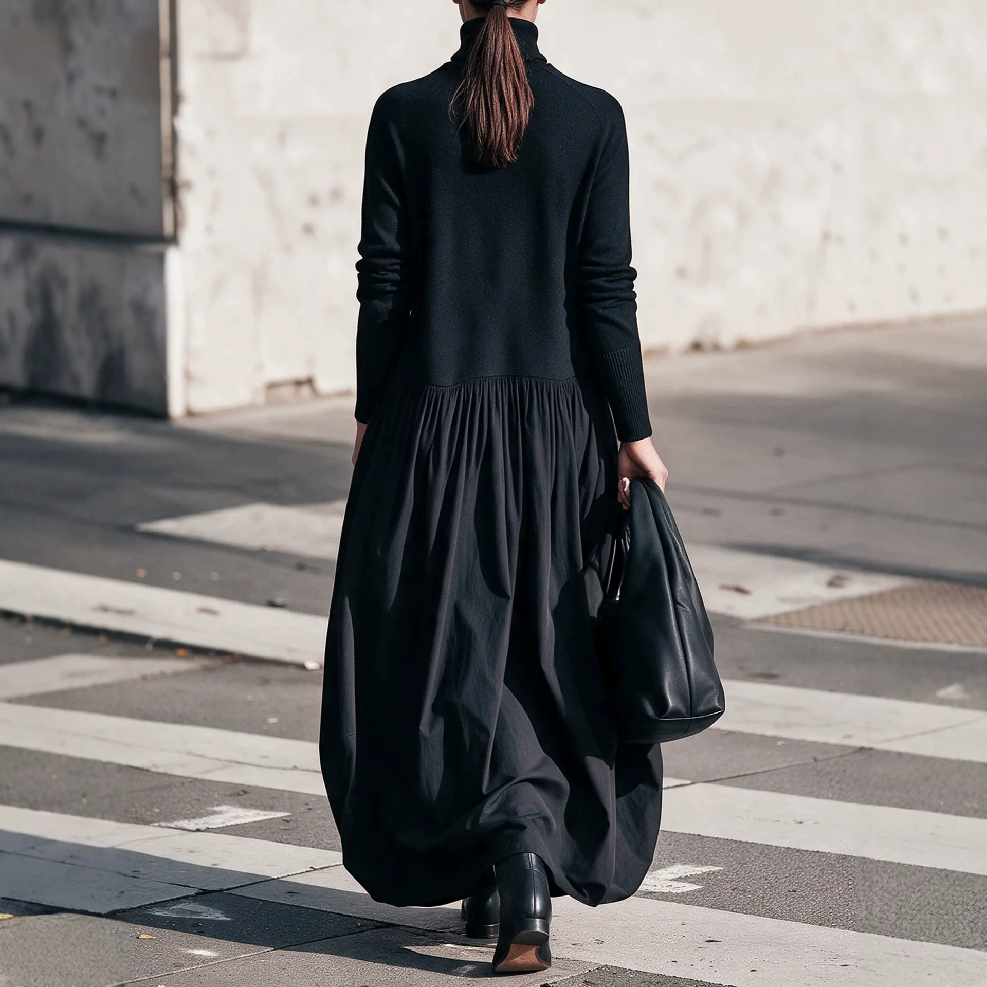 Women's High Neck Knit Spliced Ruched Asymmetrical Maxi Dress with Pockets
