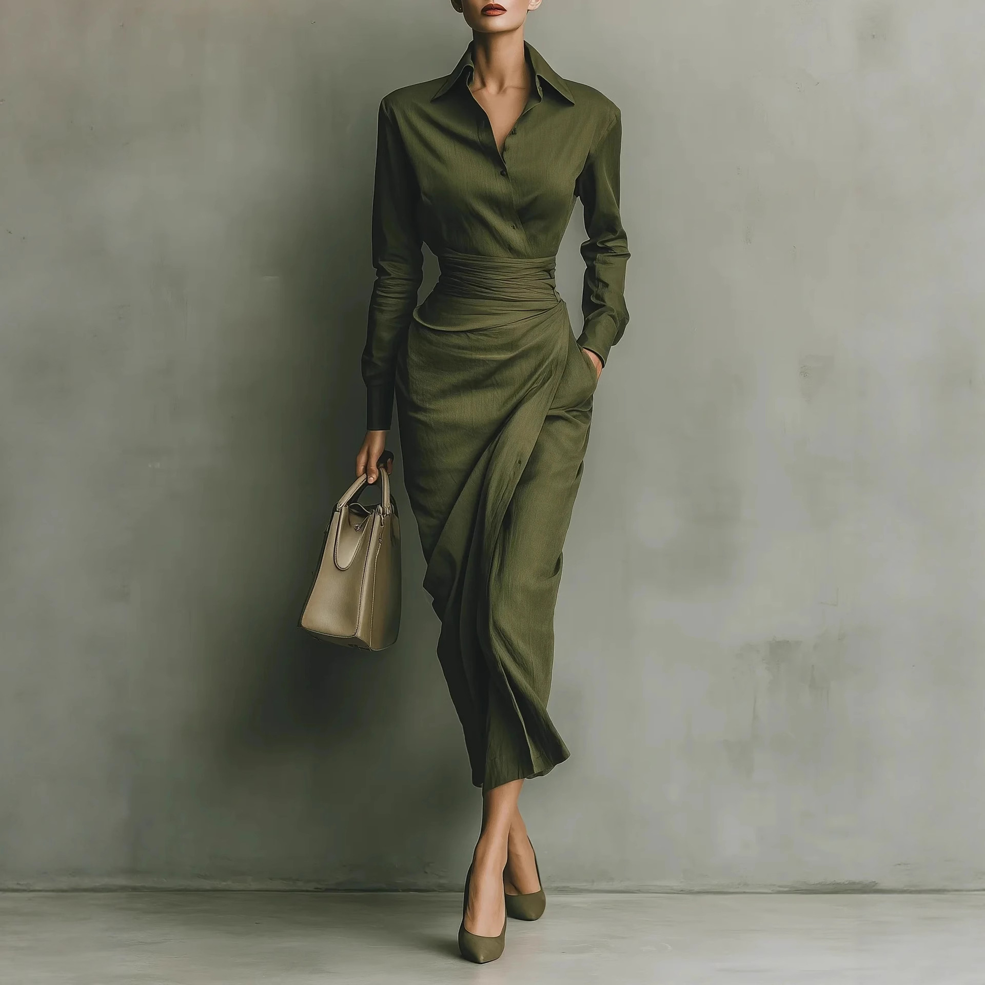 Women's Long Sleeve A-Line Midi Dress with Collar and Pockets