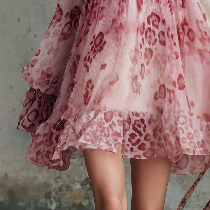 Retro Pink One-Shoulder Ruffle Leopard Mini Dress