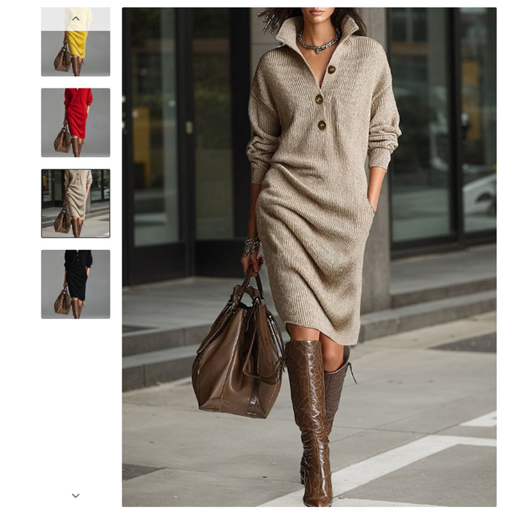Women's Button-Front Collared Loose Straight Knit Midi Sweater Dress