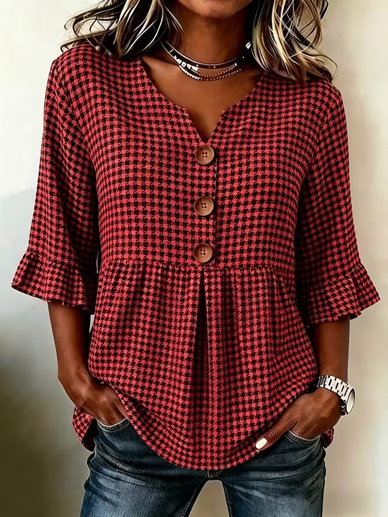 Women's Summer Plaid Print Rolled Sleeve Button Top
