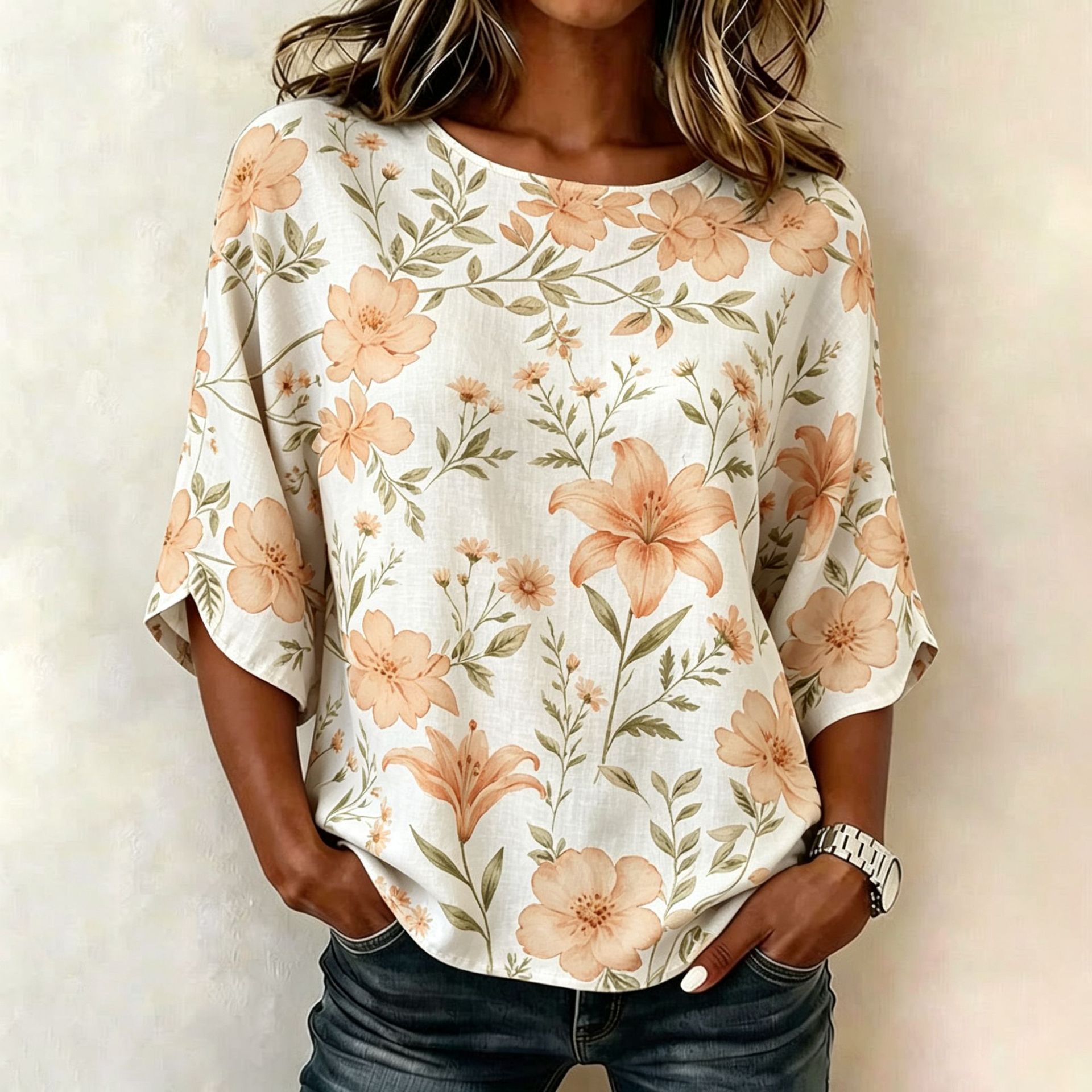 Floral Plaid Print Mid-Sleeve Women's Top