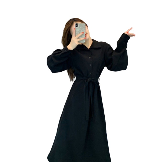 French Vintage Long Sleeve Black Dress Women's Waist-Cinching Slimming Commuter Midi A-Line Polo Neck