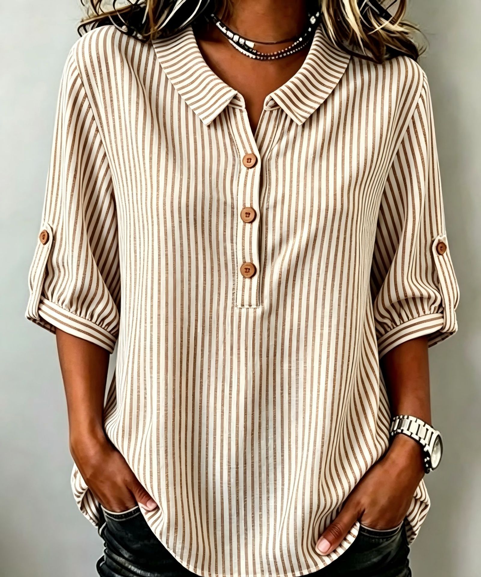 Women's Floral Striped Print Mid-Sleeve Blouse