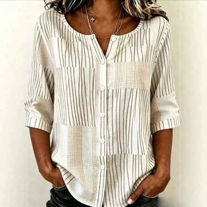 Women's Color-Block Vertical Striped Mid-Sleeve Shirt