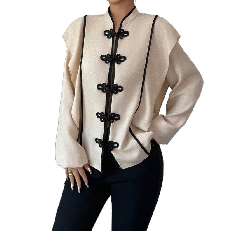 Retro Chinese Style Solid Color Stand Collar Pankou Short Jacket for Women