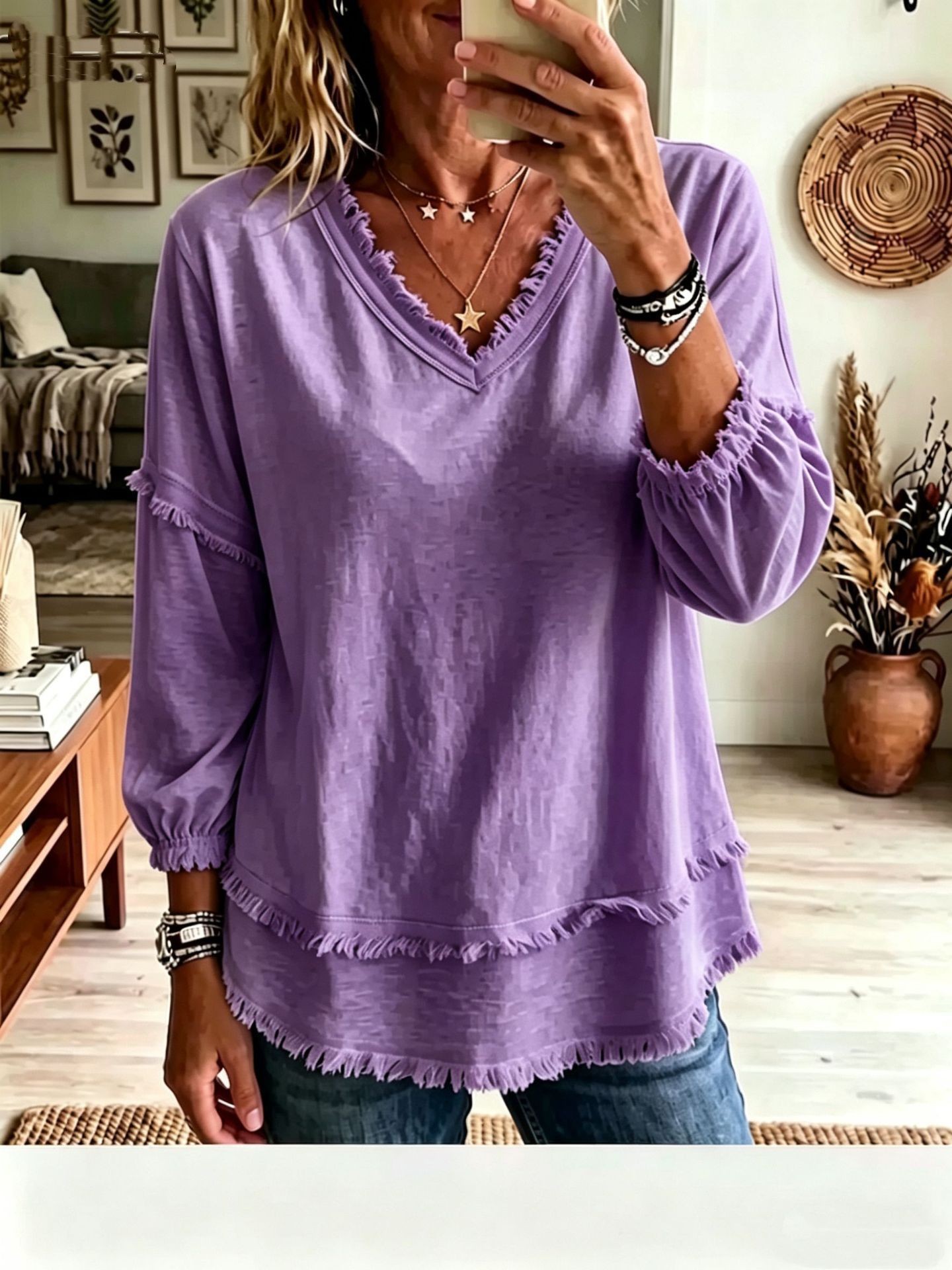 Raw Edge Trim Long Sleeve V-Neck Blouse
