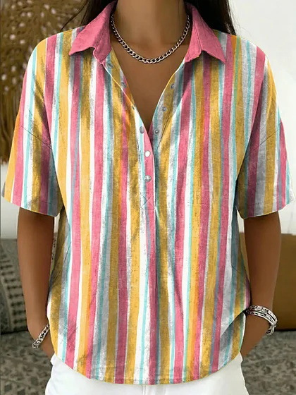Women's Solid Print Short Sleeve Button-Front Shirt