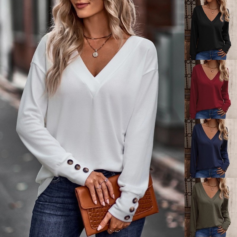 Solid V-Neck Loose Long-Sleeve Button T-Shirt
