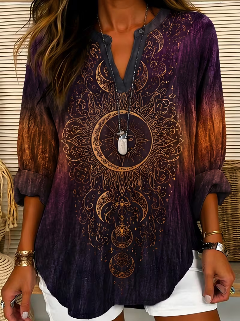 Sun Moon Butterfly Dragonfly Print V-Neck Long Sleeve Women's T-Shirt