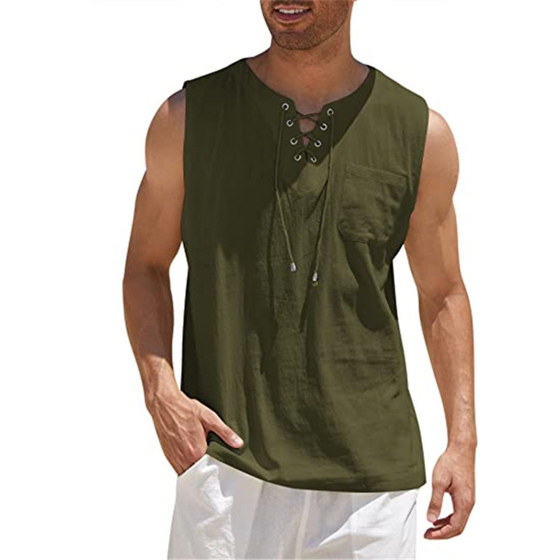 Men's Cotton-Linen Sleeveless Lace-Up Casual Shirt