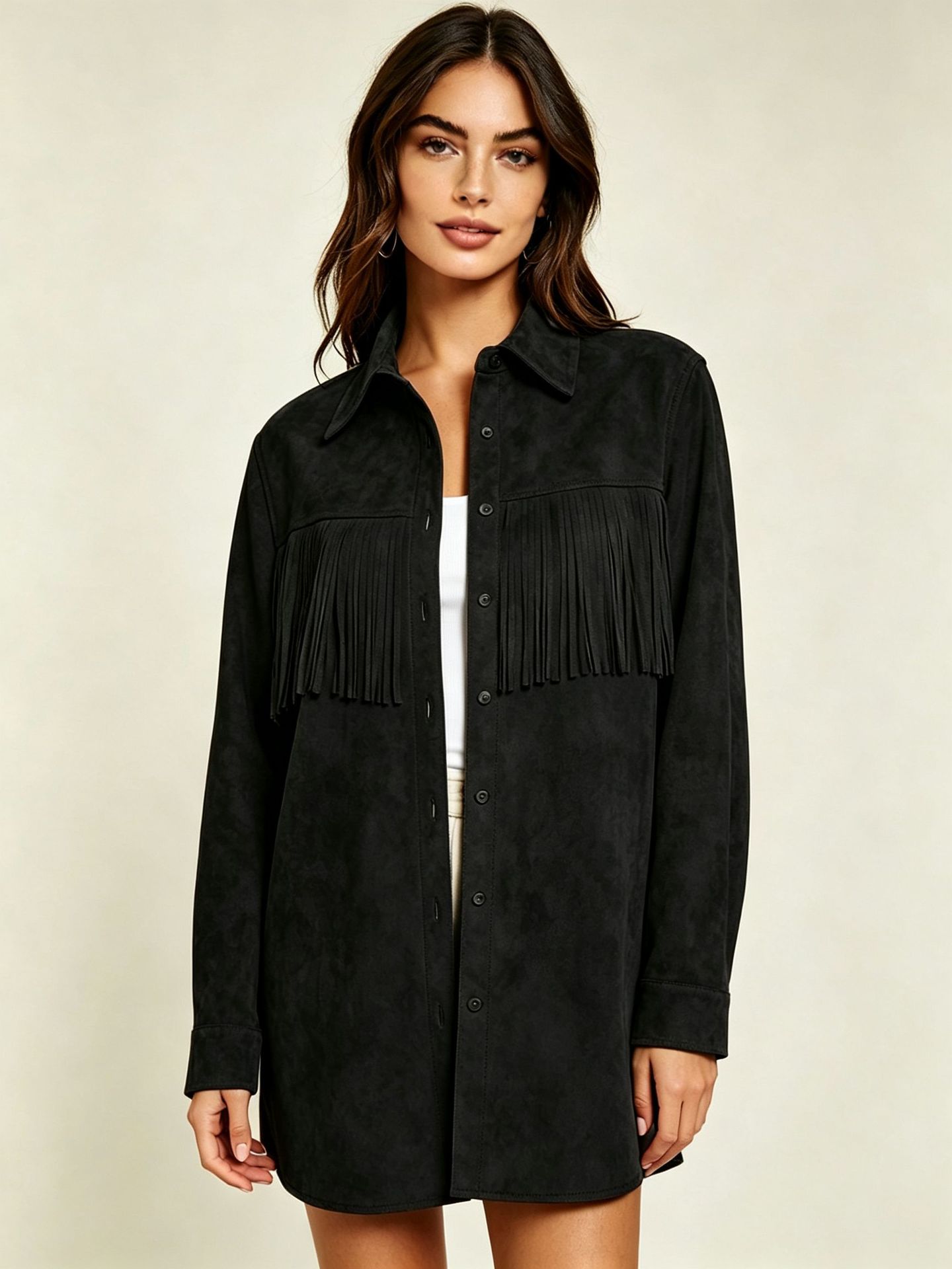 Faux Suede Fringe Shirt Women's Collared Long Sleeve Loose Mid-Length Cardigan Jacket