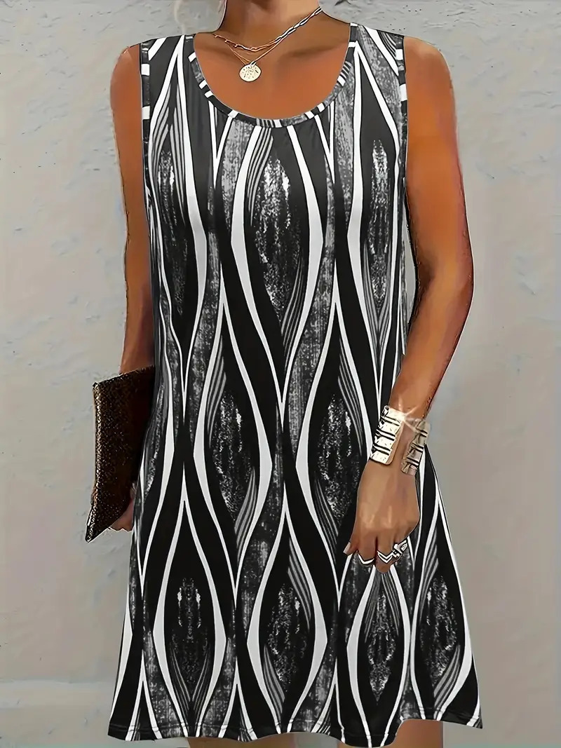 Geometric Print Round Neck Sleeveless Midi Dress
