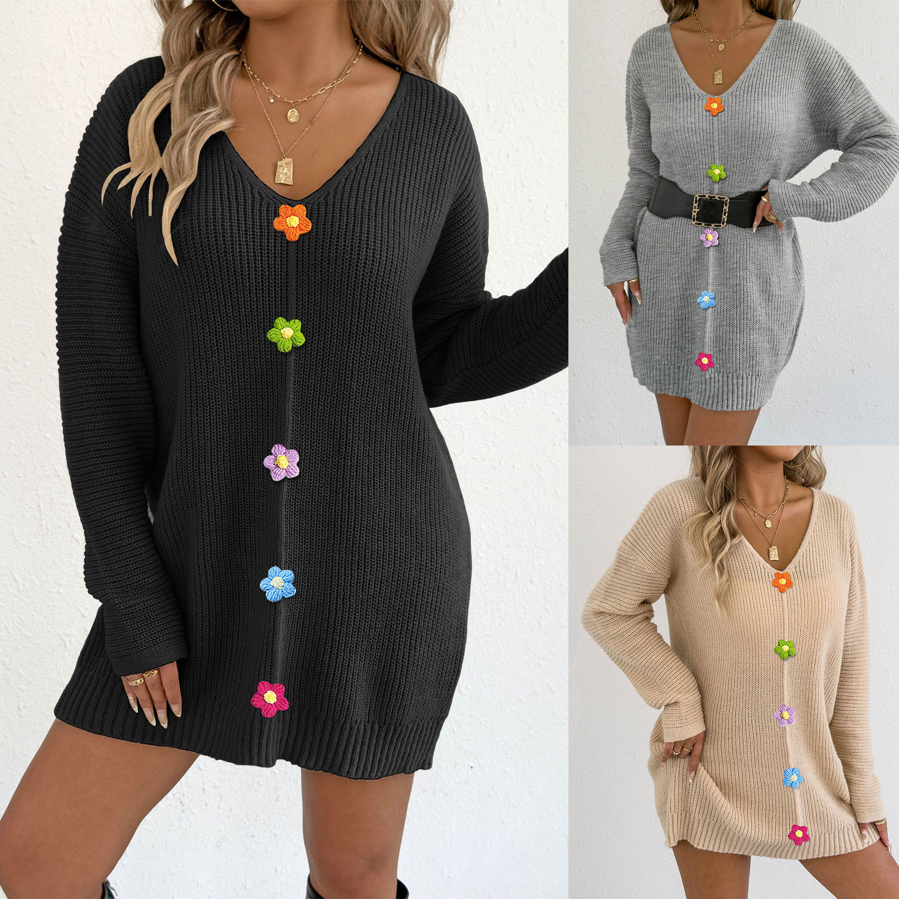 Women's Deep V-Neck Hand-Crochet Floral Panel Sweater Dress