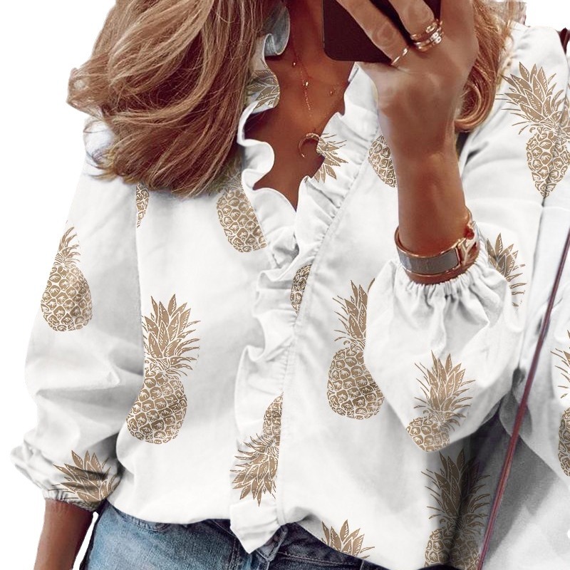 Women's Ruffle Blouse Long Sleeve Floral Print Loose Fit