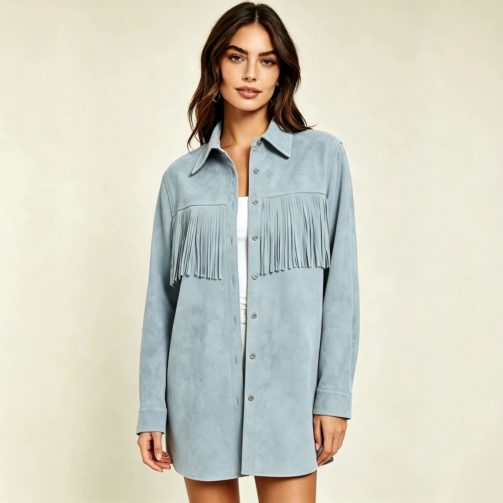 Faux Suede Fringe Shirt Women's Collared Long Sleeve Loose Mid-Length Cardigan Jacket