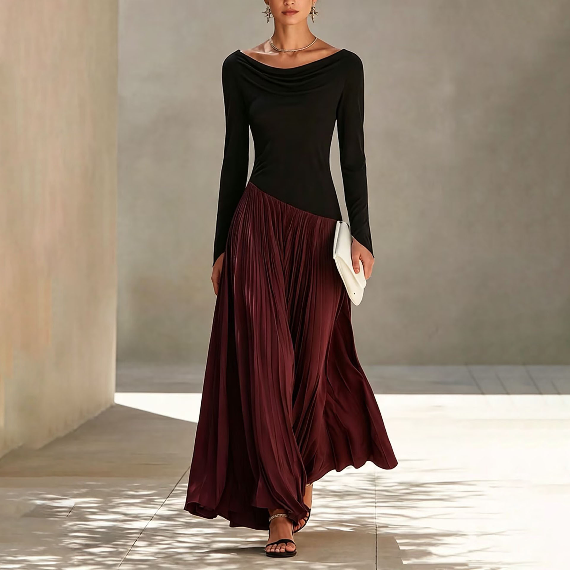 Women's Color-Block Long Sleeve A-Line Dress
