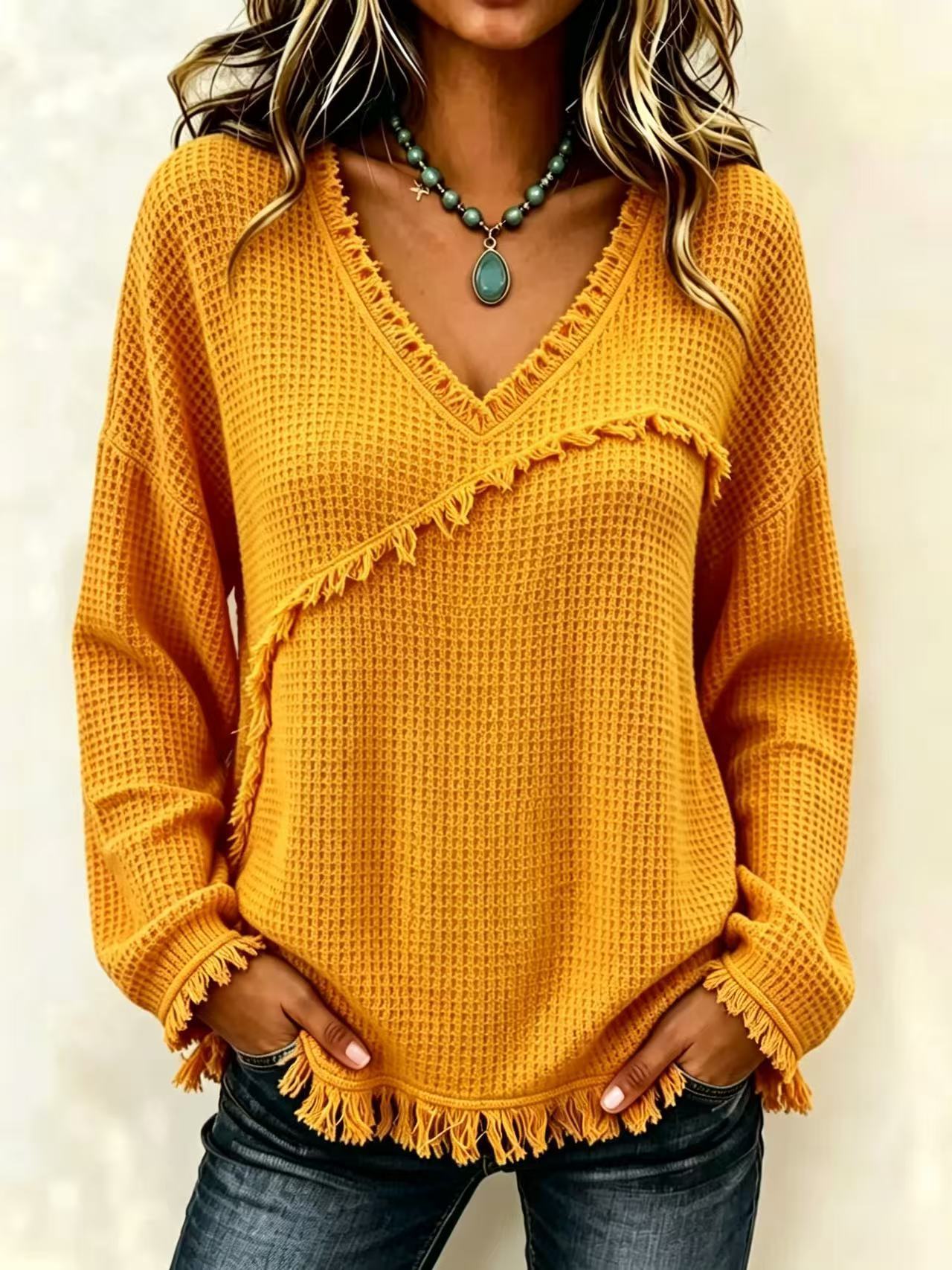 Women's Loose V-Neck Fringe Long Sleeve Solid Casual Shirt