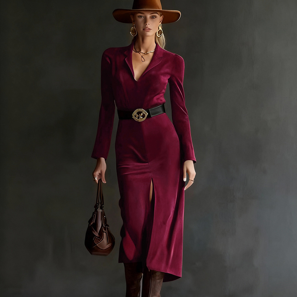 Suede Blazer Dress with Belt, Waist-Cinching, Slit, Blazer Collar, Long Sleeve, Midi