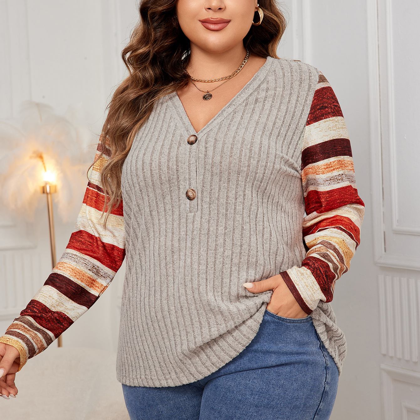 Women's Plus Size V-Neck Striped Patchwork Long Sleeve Blouse