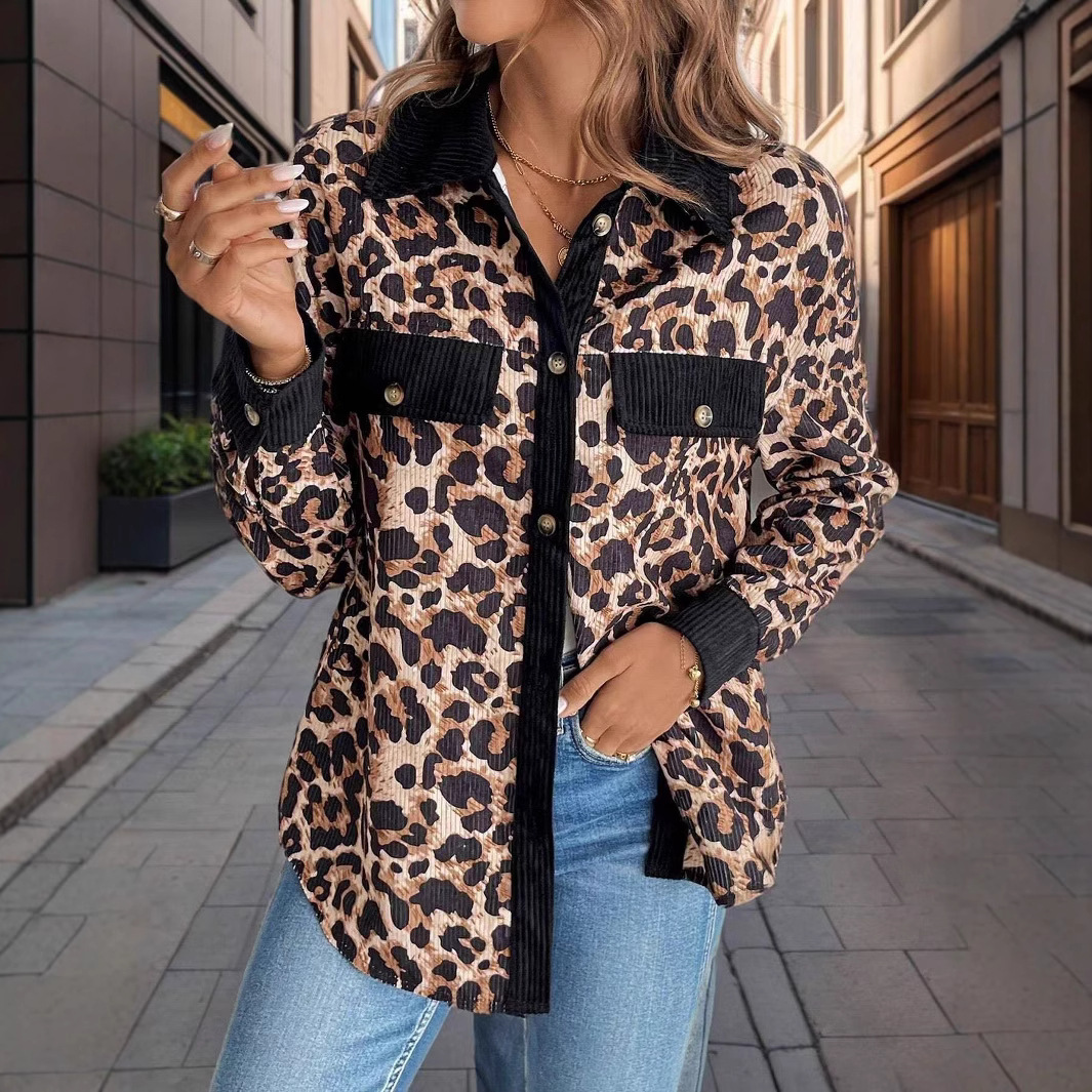 Corduroy Leopard Print Button-Front Shirt Jacket