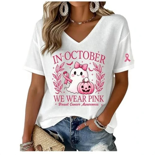 Halloween Ghost Pumpkin Print Short Sleeve V-Neck Top