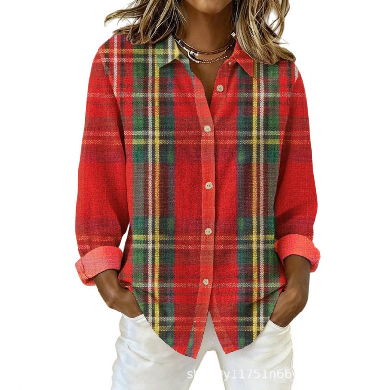 Women's Plaid Floral Print Long Sleeve Button-Up Shirt