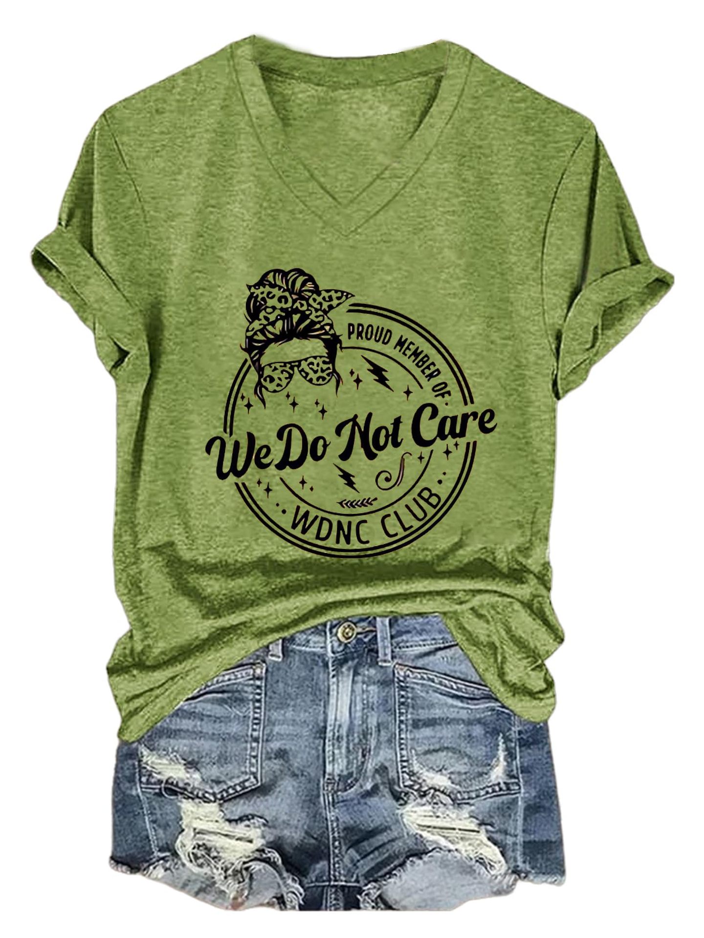 Women's Summer V-Neck Short Sleeve T-Shirt with Portrait Letter Print