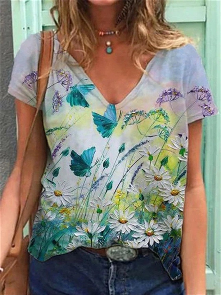 Women's V-Neck 3D Print Short Sleeve Loose T-Shirt