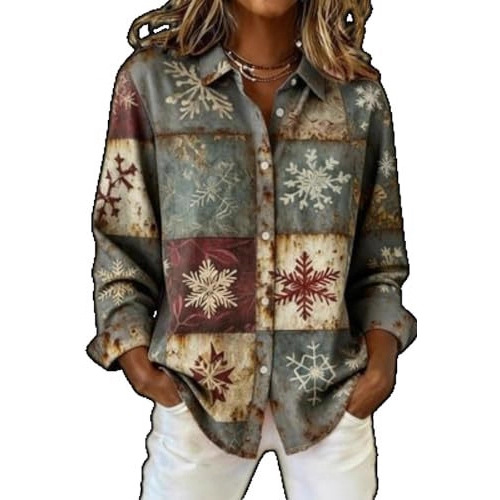 Women's Snowflake Plaid Print Long Sleeve Button-Front Shirt