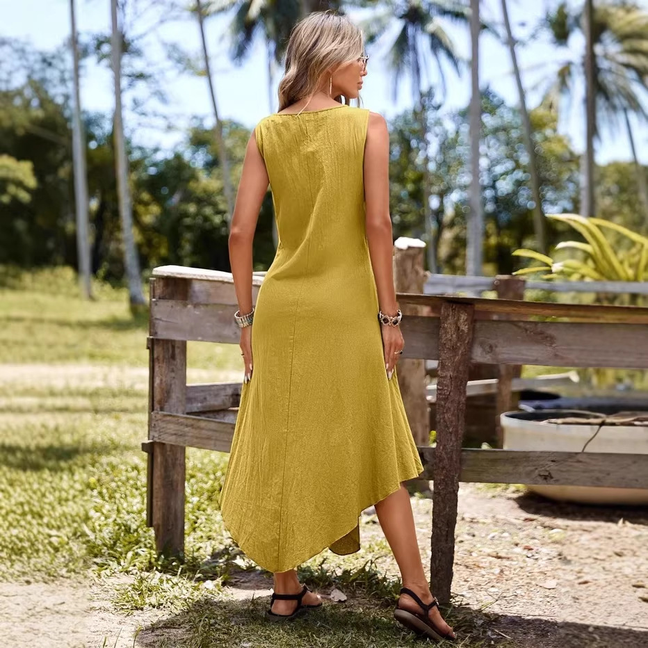 Women's Linen-Blend Sleeveless Round-Neck Loose Casual Midi Dress