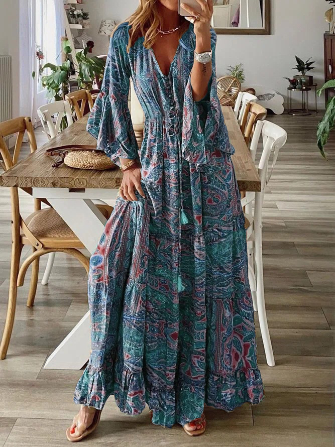 Bohemian Floral Print V-Neck High-Waist Flare-Sleeve Maxi Dress
