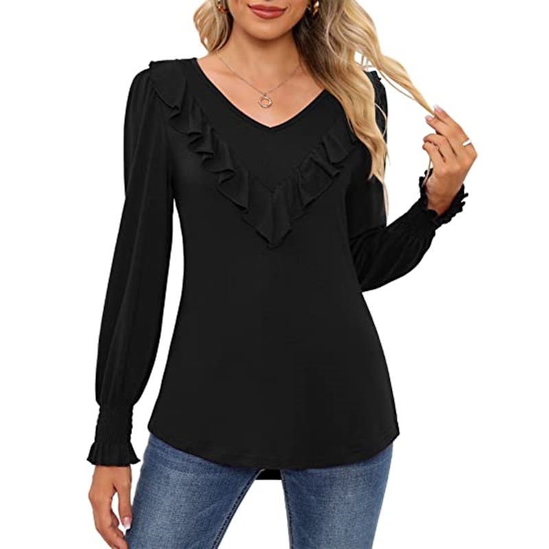 Long Sleeve Ruched V-Neck Fitted Top with Puff Cuffs
