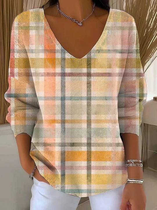 Dinosaur Floral Plaid V-Neck Long-Sleeve T-Shirt