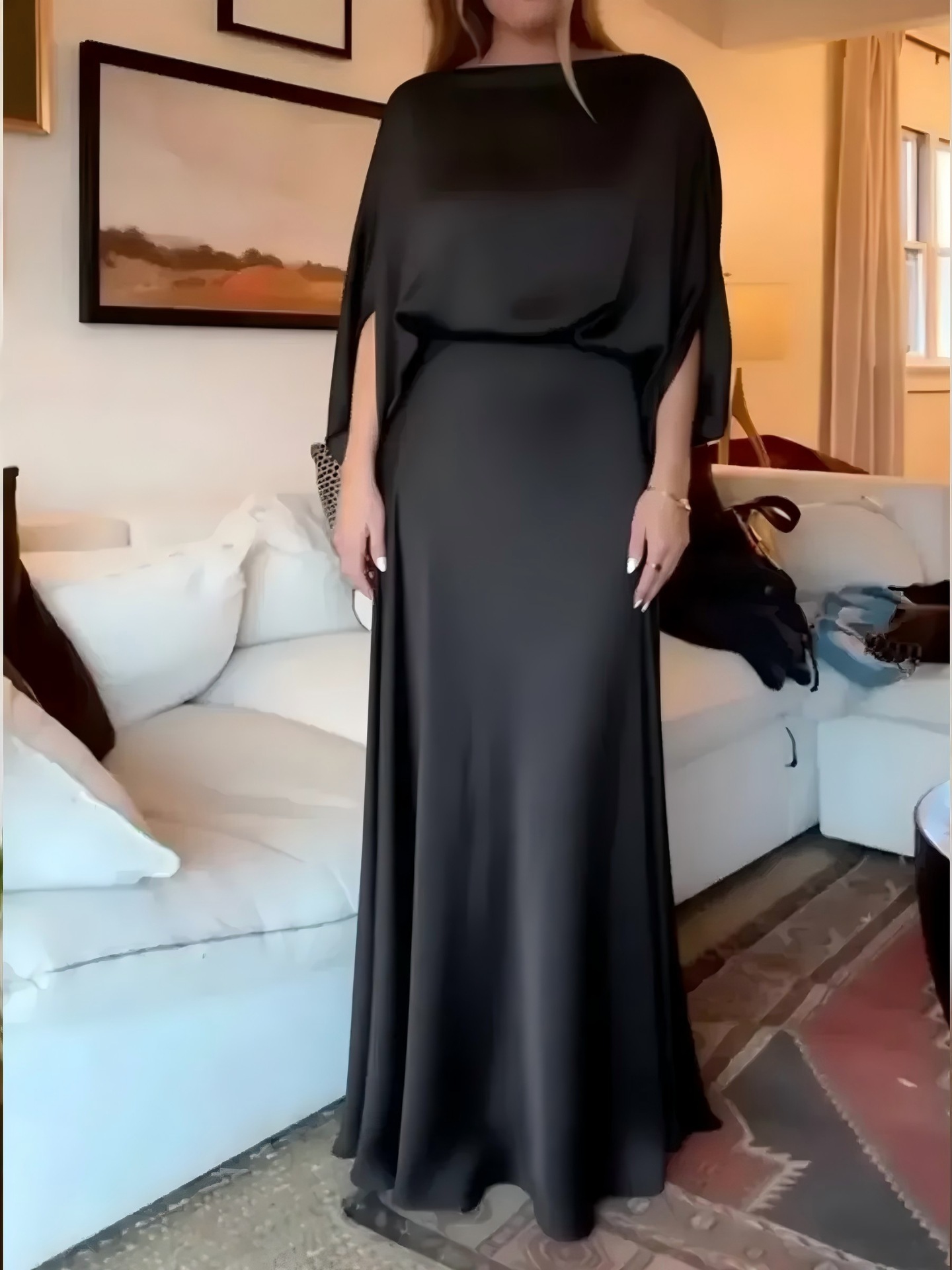 Women's Satin Bodycon Long Dress with Off-Shoulder Neckline and Flutter Sleeves