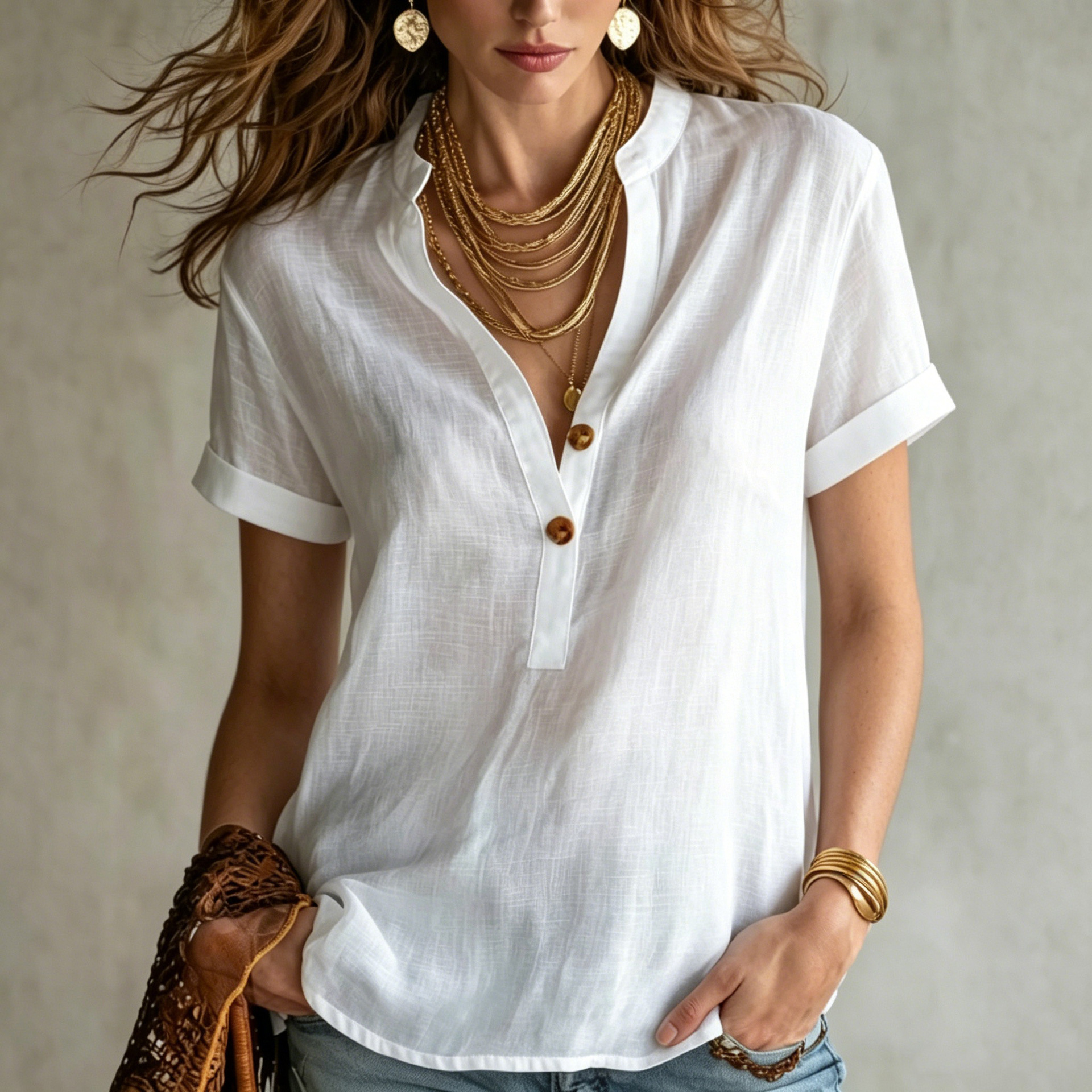 Women's Summer Stand Collar Short Sleeve Shirt Textured V-Neck Pullover Blouse