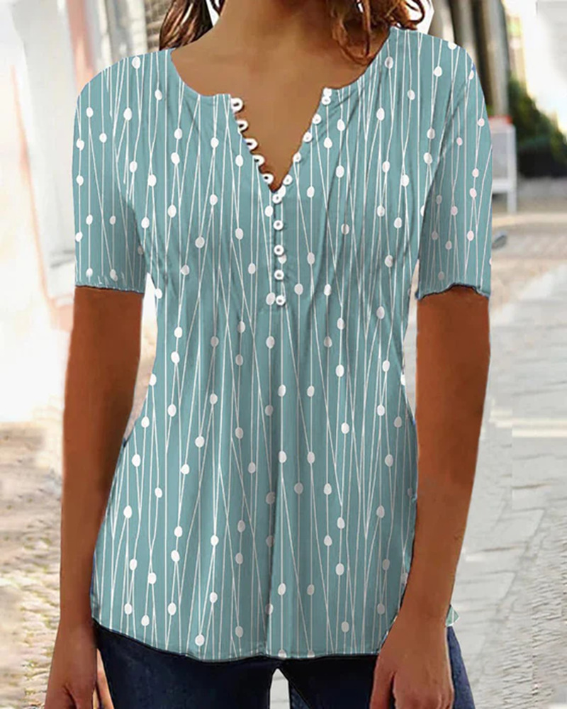 V-Neck Polka Dot Short Sleeve Blouse