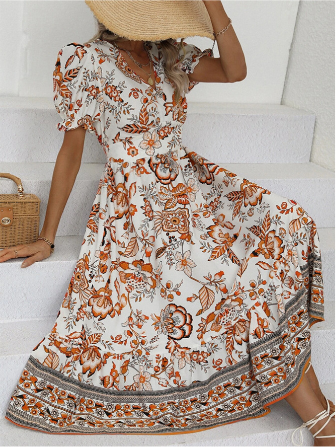 Allover Print Puff Sleeve V-Neck A-Line Maxi Dress