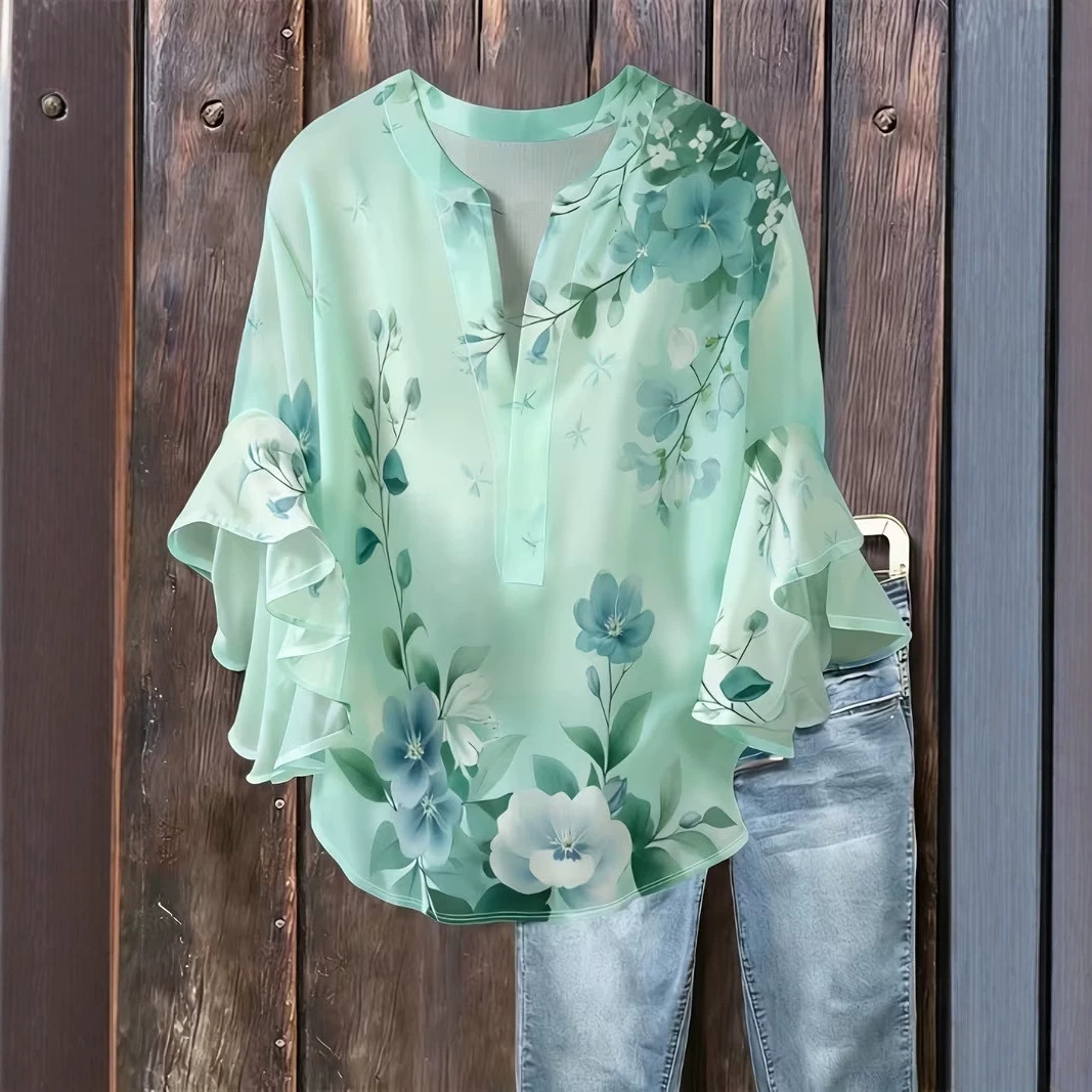 Women's Summer Vintage Floral Print Half-Sleeve Button-Up Top
