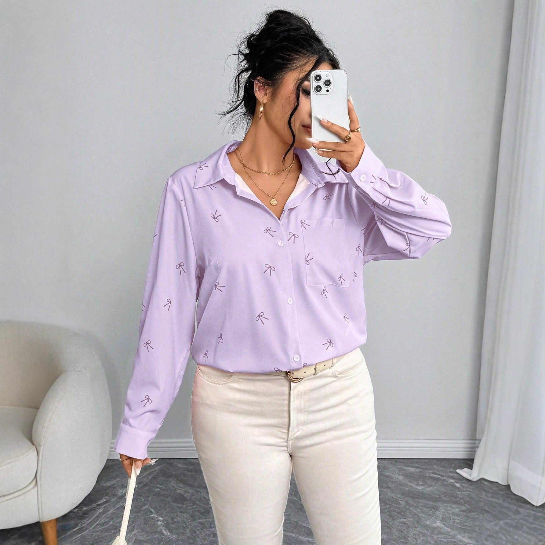 Women's Plus Size Bow Print Long Sleeve Button-Up Shirt