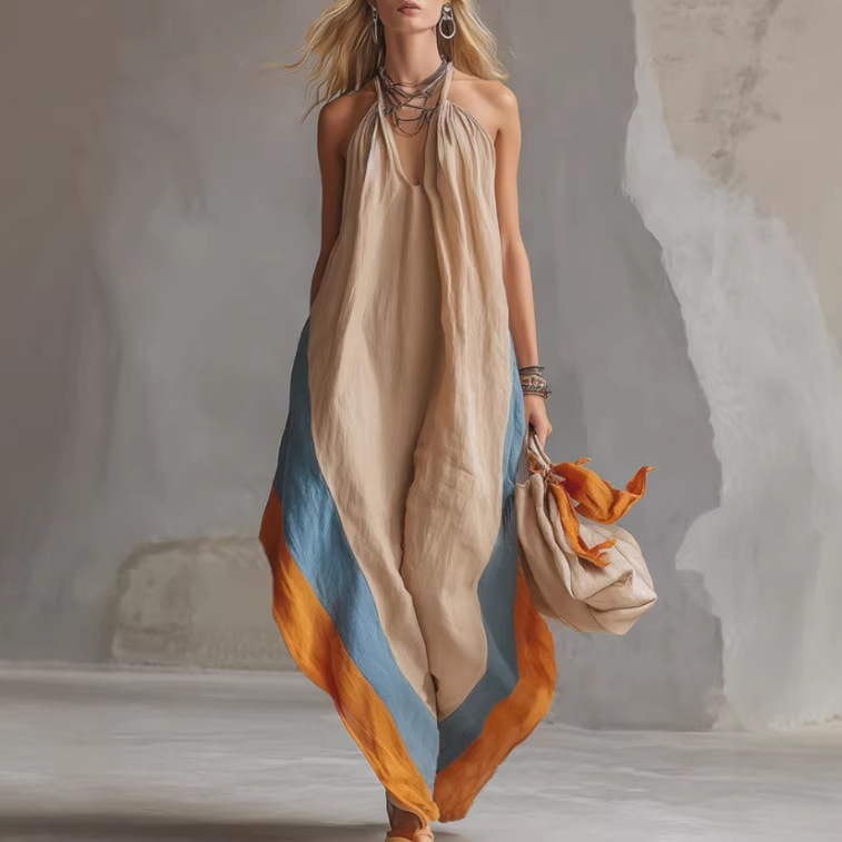 Color-Block Hem Off-Shoulder Khaki Cotton-Linen Long Dress