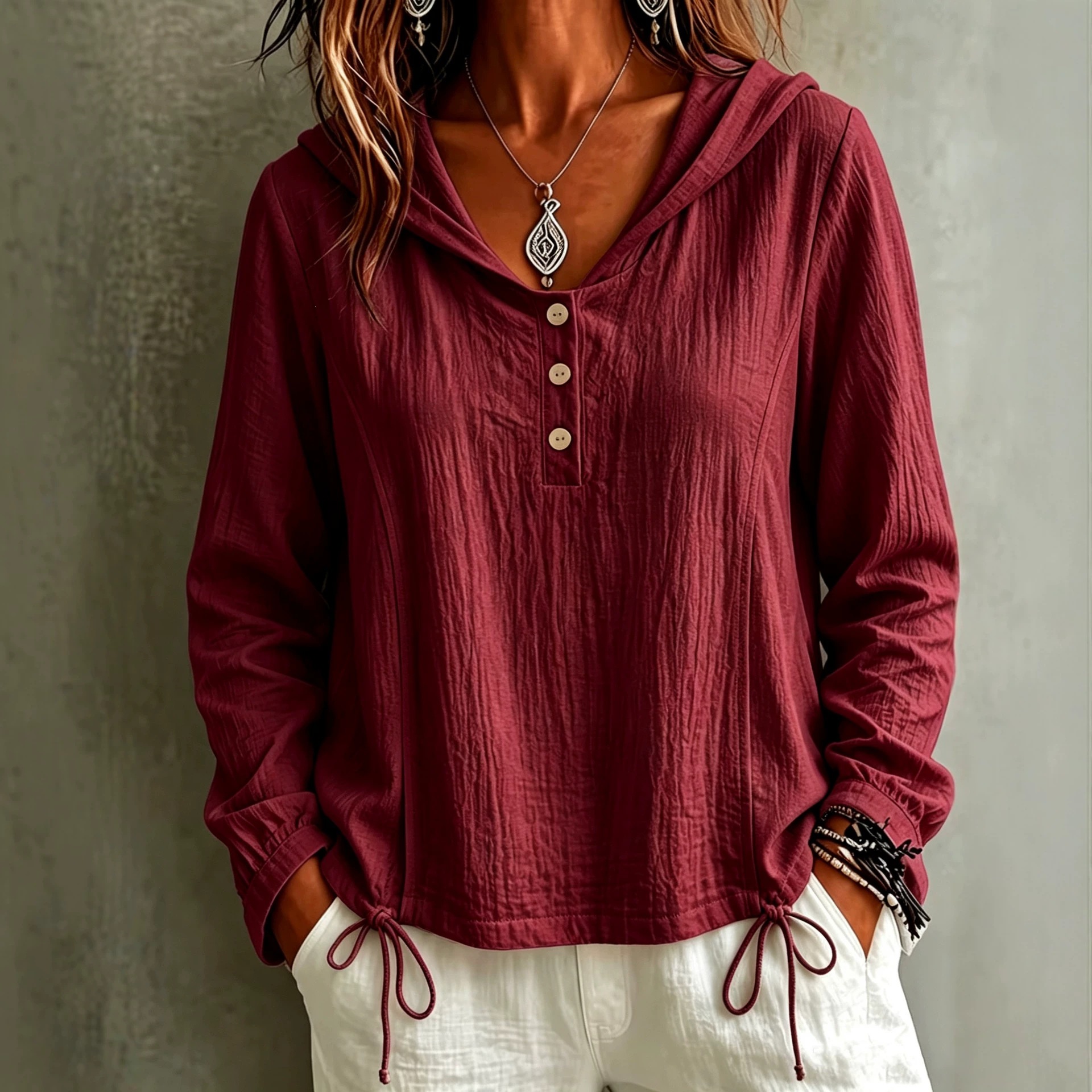 Drawstring Hooded Half-Button Lightweight Vacation Shirt